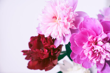 Part of a bouquet of beautiful flowers in close-up with the possibility of copying. A beautiful bouquet of bright pink and burgundy peonies. Wallpaper, greeting card, poster. High quality photo