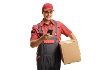 Male courier in a uniform holding a box and typing on a mobile phone