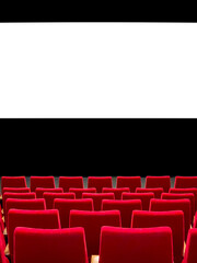 Interior of art cinema movie house red soft seating in a row. Large flat white screen mock-up on...