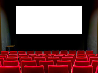 Interior of art cinema movie house red soft seating in a row. Large flat white screen mock-up on the wall for advertising.