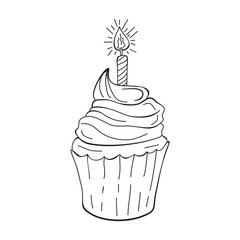 Line illustration of festive cupcake with candle isolated on white.