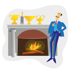 Successful man posing proudly. The gold trophies he won are on the fireplace. A man proud of his achievements and awards in front of a burning fireplace. Flat character vector illustration.