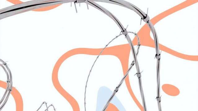 Colorful abstraction with stains and a barbed wire. Design. Curved metal wire with thorns with orange and blue pattern on a white background.