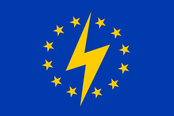 Electricity in EU and Europe - Flag of European Union and bolt and thunderbolt as symbol of electric and electrical energy and power. Vector illustration.