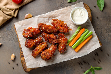 Chicken wings with blue cheese sauce and carrot and celery sticks on the board on brown table top view