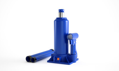 Blue car hydraulic bottle jack isolated on white background. 3D rendering