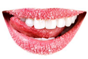 Closeup of woman's lips covered with sugar. Toothy smile
