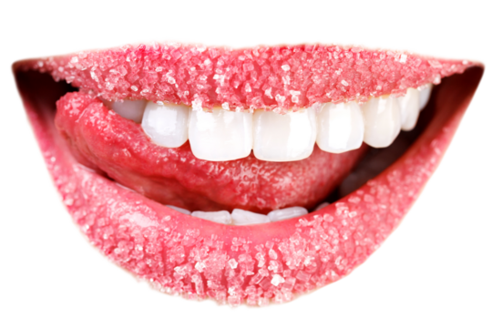 Closeup of woman's lips covered with sugar. Toothy smile