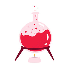 Flat vector cartoon illustration of a round flask with a magic potion and a burner. Isolated design on a white background.