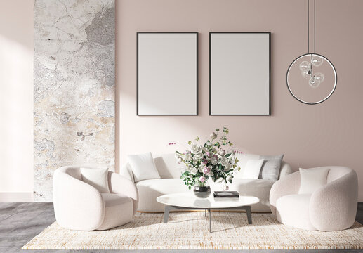 mock up poster frame in modern interior background, living room, Contemprorary style, 3D render, 3D illustration