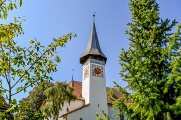 Sigriswil, Kirche, Dorf, Dorfkirche, Kirchturm, Thunersee, Alpen, Wanderweg, Aussichtspunkt, Berner Oberland, Berner Alpen, Sommer, Schweiz