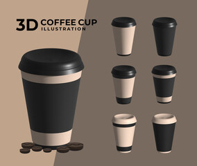 Coffee cup 3d illustration. 3d detailed Illustration with paper cups for hot drinks. 