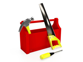 Toolbox with a hammer, screwdriver and handsaw, isolated on white background. 3D rendering