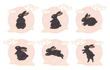 Cute black rabbits with Chinese New Year symbols. Year of the Rabbit. Mid autumn festival. Hand drawn vector illustration