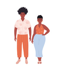 Modern young couple of african american woman and man in casual outfit. Stylish fashionable look. Hand drawn vector illustration