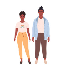 Modern young couple of african american woman and man in casual outfit. Stylish fashionable look. Hand drawn vector illustration