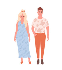 Modern young couple of caucasian woman and man in casual outfit. Stylish fashionable look. Hand drawn vector illustration