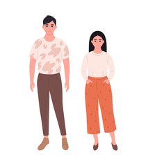 Modern young couple of asian woman and man in casual outfit. Stylish fashionable look. Hand drawn vector illustration