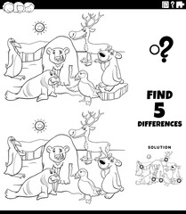 differences game with cartoon polar animals coloring page
