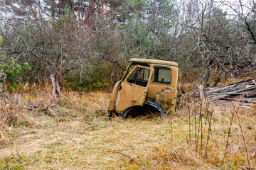 Old rusty abandoned damaged truck in Chernobyl exclusion zone, Ukraine
