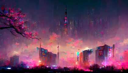 Fantasy Japanese night view city citycape, neon pink light, residential buildings, big sakura tree. Night urban fantasy downtown background. 3D illustration - obrazy, fototapety, plakaty