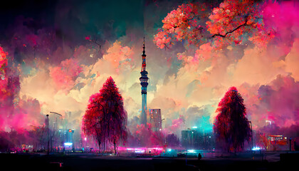 Fantasy Japanese night view city citycape, neon pink light, residential buildings, big sakura tree. Night urban fantasy TV tower background. 3D illustration - obrazy, fototapety, plakaty