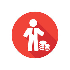 Businessman with money flat icon on round button in long shadow style.