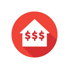 Money house, bank icon with long shadow style. Finance symbol. Vector illustration.