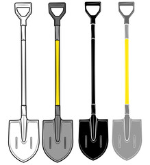 Set of Shovel with handle isolated on white background. Tool for repair and gardening. vector illustration