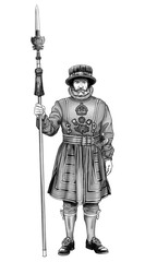 Obraz premium elderly man with a spear in red clothes, yeoman warder beef-eater 