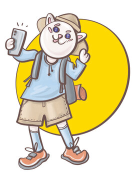 color illustration on a yellow background cartoon style character animal funny cat traveler with a backpack and sneakers blogger takes a photo on the phone design element