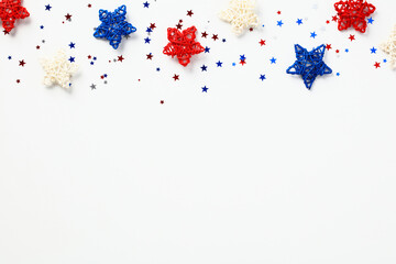USA holiday decorations, stars and confetti isolated on white background. Banner design for Memorial Day, 4th of July, Labor Day, Independence Day. Flat lay, top view, copy space