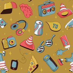 Abstract seamless pattern with doodle: funny sunglasses, tape recorder, pizza, drink, earphones, camera, sneakers, graffiti spray, kalonka, cap, etc. Vector illustration.