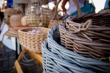 Wicker craft baskets. A bunch of birch baskets. A pile of birch bark bast baskets. Handmade,...