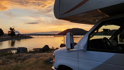 Motorhome in sunset at beach on Vancouver Island