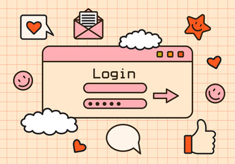 Vector illustration of retro computer login and password screen. Cute old desktop interface with various icons. 90s and y2k digital aesthetic. Vintage  frames, boxes and panels for design