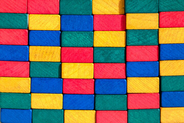 Toys blocks, multicolor wooden bricks, group of colorful building game pieces