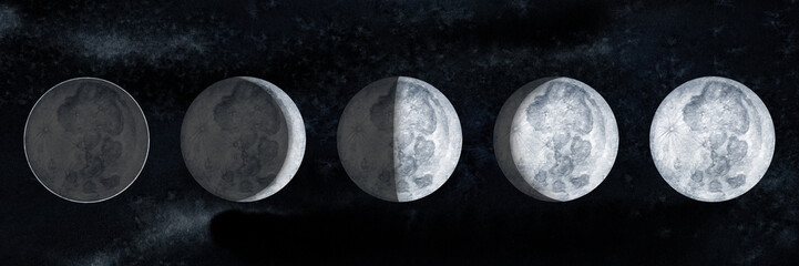 Moon phases on sky dark background. Galaxy Hand drawn watercolor illustration of cycle from new to full moon.
