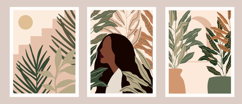 Fashion Summer Poster with Face Woman Portrait, Exotic Tropical Leaf on pastel background. Afro American Woman illustration for poster, wall art, banner, placard, print, canvas in earth tone. Vector