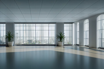 Obraz premium modern empty office background, big windows, bright space, 3d render, 3d illustration