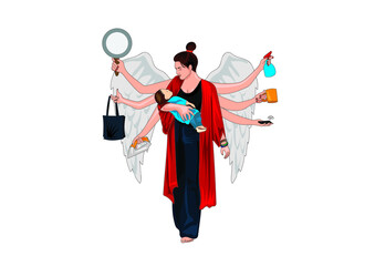 Busy housewife with many hands, mothers day 