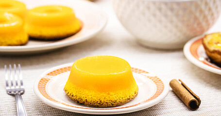 quindim or Brisa do Lis, typical sweet from Brazil and Portugal, made with egg yolks, almonds or grated coconut
