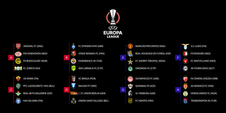 2022&ndash;2023 UEFA Europa League. Arsenal, Eindhoven, Zurich, Dynamo, Rennais, Fenerbahce, Braga, Malmo, Omonoia, Lazio, Feyenoord, Midtjylland, Sturm Graz, Nantes, Monaco, Ferencvaros, Trabzonspor etc.