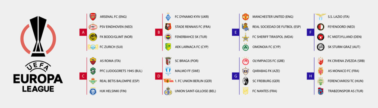 2022-2023 UEFA Europa League. Arsenal, Eindhoven, Zurich, Dynamo, Rennais, Fenerbahce, Braga, Malmo, Omonoia, Lazio, Feyenoord, Midtjylland, Sturm Graz, Nantes, Monaco, Ferencvaros, Trabzonspor etc.