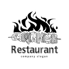 Flame and text designs as well as grill elements shish kebab logo. Vector illustration.