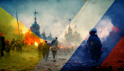Flag of Russia and Ukraine over war scene with soldiers refugees - obrazy, fototapety, plakaty