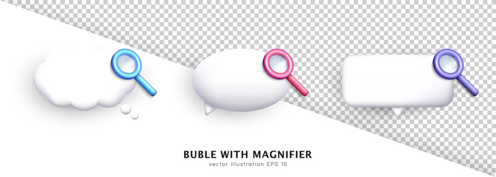 White three chat bubble different shapes with colorful magnifying glasses. Cartoon speech clouds and magnifier, loupe, zoom tool, reading glass with transparent lens
