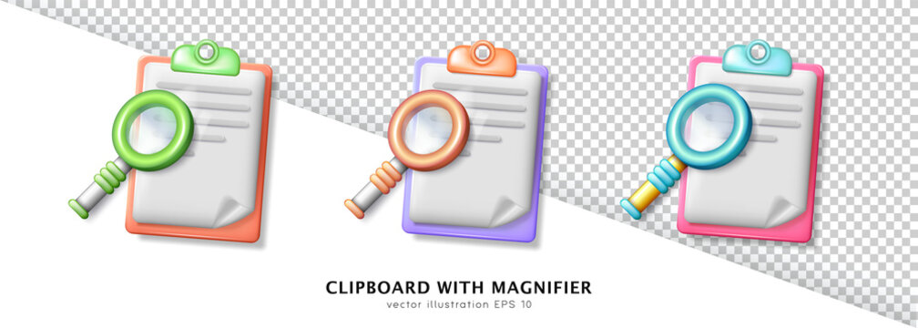 Set of colorful cartoon magnifiers and clipboards with paper sheet. 3d cartoon folders with glossy magnifying glasses (loupe, zoom tool) isolated on white and transparent background.