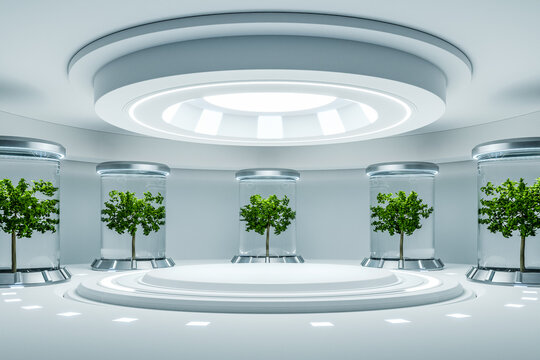 Hydroponics Lab Room On Spacecraft With White Circle Podium Empty.3d Rendering