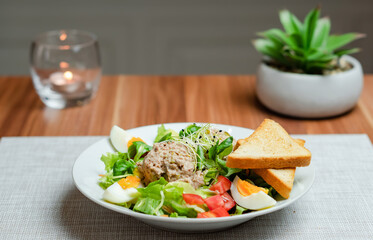 Tuna Fish Salad with Boiled Eggs and Toasts, in a hotel